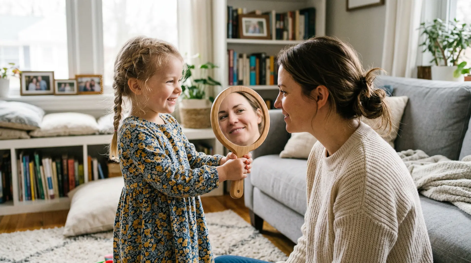 Kind hält seiner Mama einen Spiegel vor